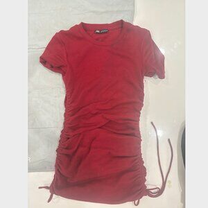 ZARA Mini Red Wine Burgundy Ruched Tie Dress NWOT